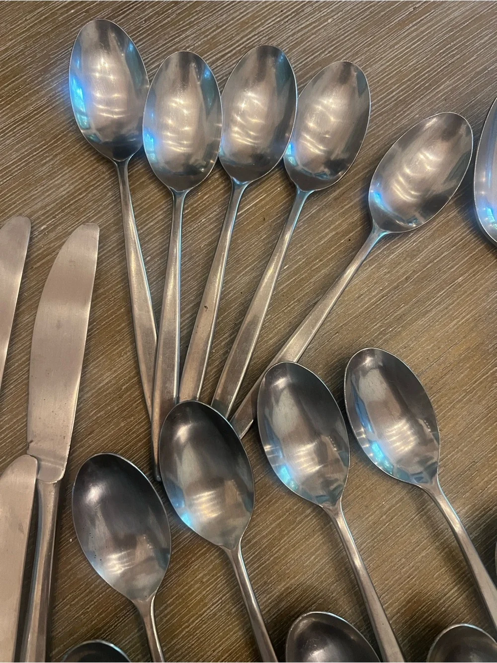 MCM style Stainless Steel Dinner Flatware Set -Silver Spoons & Knives 27 pieces
